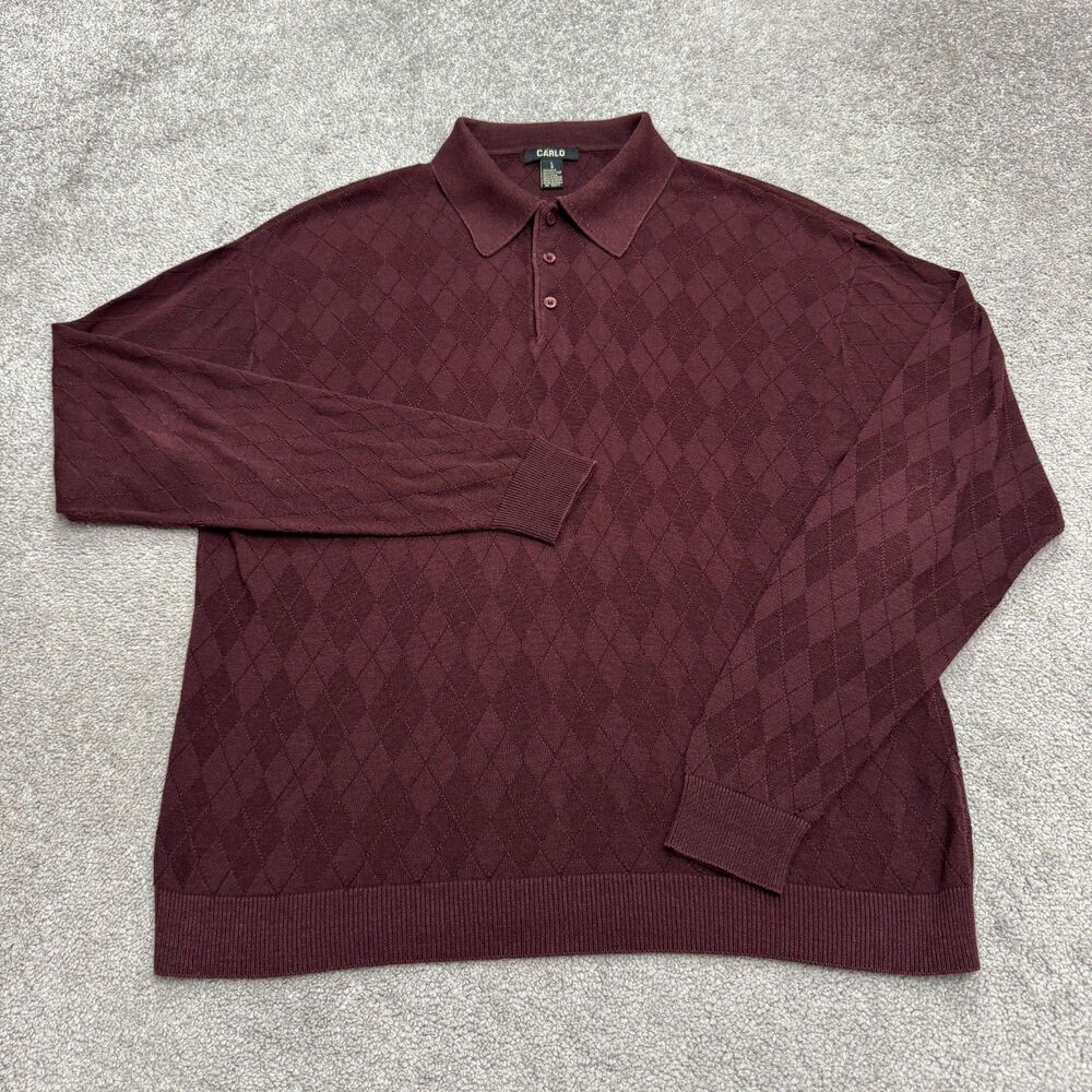 Carlo Argyle Polo Sweater Mens Large Burgundy Silk Blend Long Sleeve Pullover